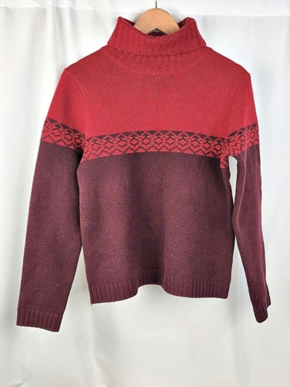 Eddie Bauer 100% Lambswool Fair Isle Turtleneck Sweater Red Burgundy S